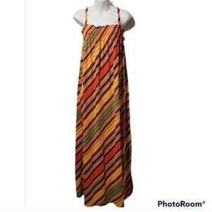 Vintage john warden beautiful colors striped pattern maxi dress w pockets